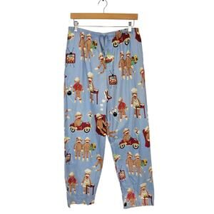 Nick & Nora Women's Blue Cotton Sock Monkey Pajama Bottoms Lounge Pants Medium